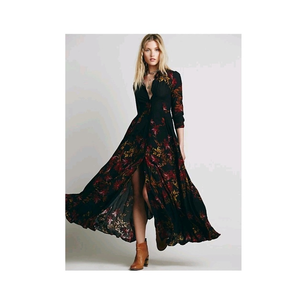 Free People Black After The Storm‎ Floral Print Boho Maxi Shirt Dress Sz 2 Read!